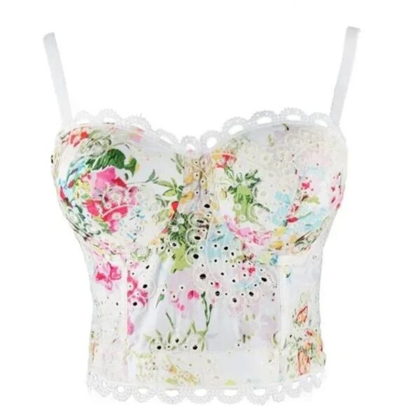 Women's Embroidery Floral Hollow Lace Bustier Crop Top Sexy Corset Bra Top White - Picture 3 of 7